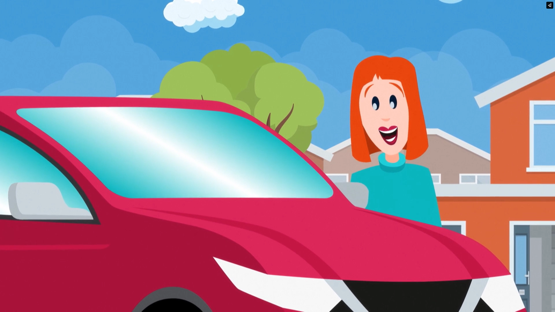 Cartoon woman looking excitedly at her new car from Motorpoint